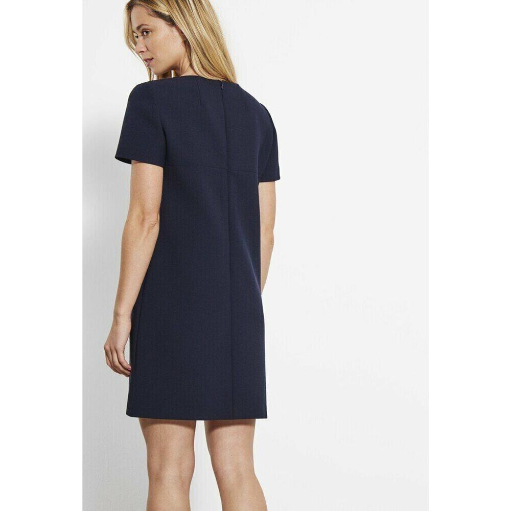 $855 Paule Ka Marine Blue Leather Trim Vneck Shift Dress 42 FR 10 US NWT - Picture 2 of 12